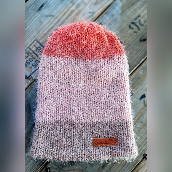 Handmade Dark Coral, Light Coral, and Tan Striped Adult Beanie - Picture 1 of 1